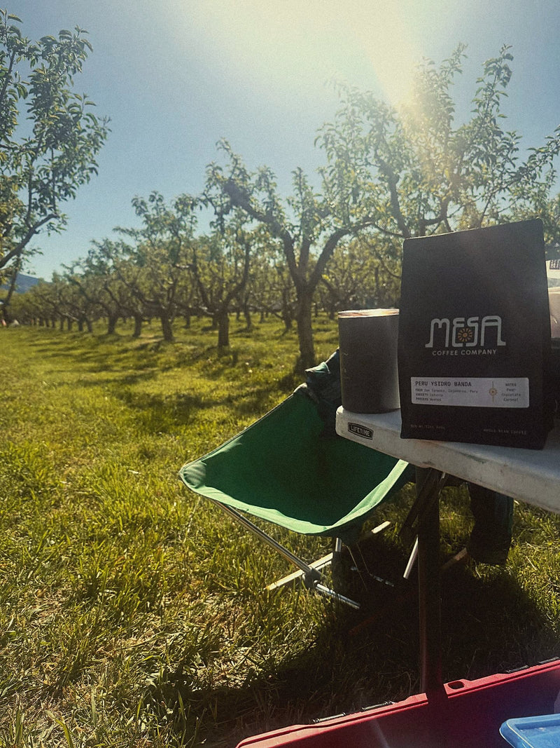 A bag of Mesa on a camp table in a Paonia orchard
